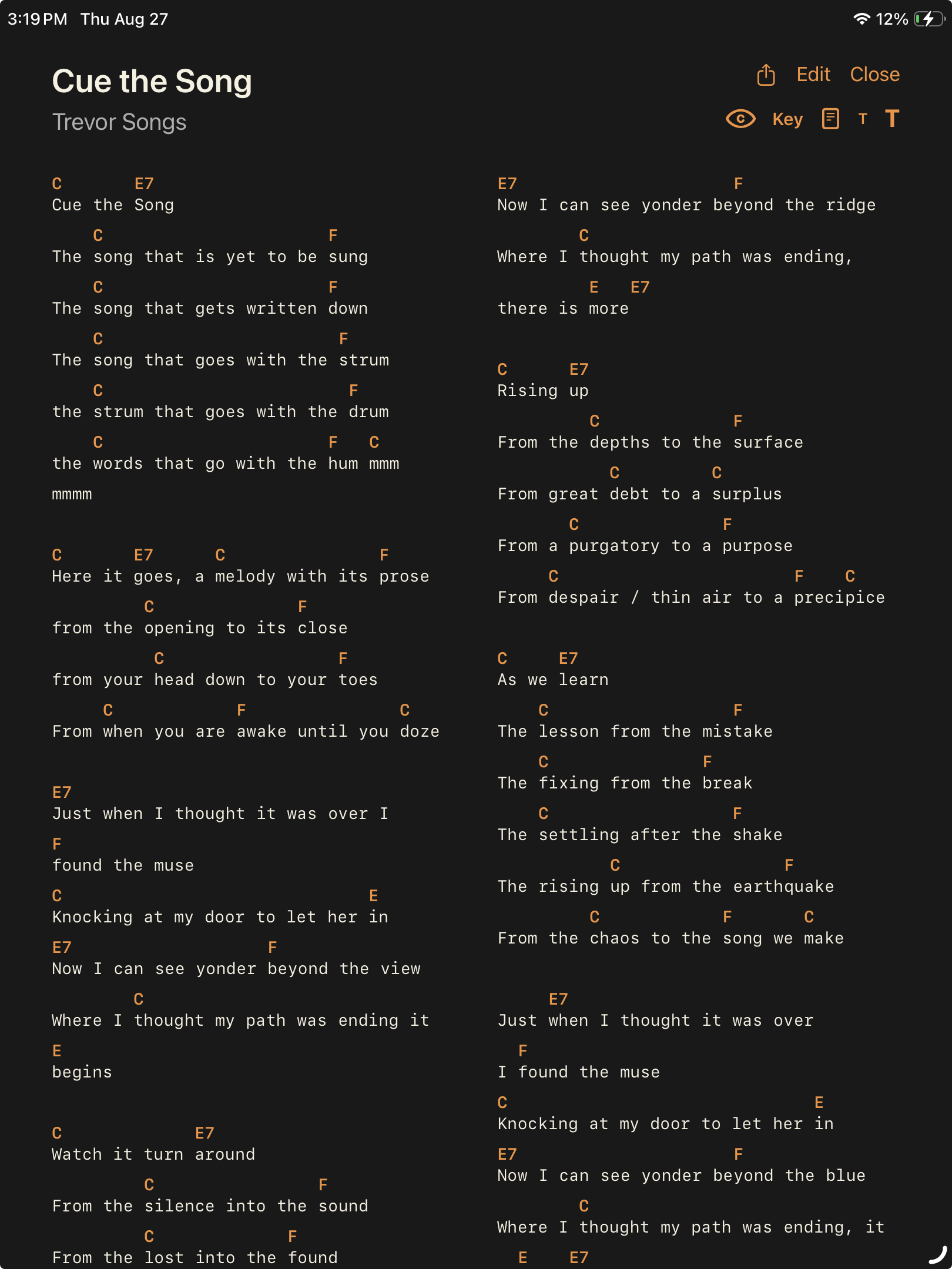 Cue the Song in Good Set’s two-column lyric view on iPad